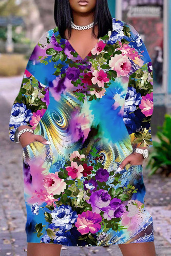 Casual Floral Print Basic V Neck Long Sleeve Plus Size Dresses