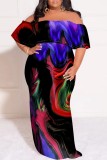 Casual Print Patchwork Off Shoulder Long Plus Size Dresses