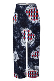 Casual Faux Denim Print Pocket Contrast Loose High Waist Wide Leg Full Print Bottoms