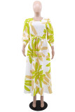 Casual Leaf Print Lace Up O Neck Long Dresses