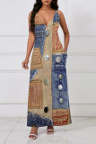 Sexy Faux Denim Print Pocket Contrast V Neck Sling Dresses