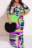 Casual Print Patchwork Off Shoulder Long Plus Size Dresses