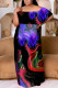 Casual Print Patchwork Off Shoulder Long Plus Size Dresses