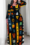 Casual National Totem Print Contrast O Neck Printed Plus Size Dresses