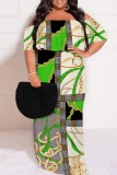 Casual Print Patchwork Off Shoulder Long Plus Size Dresses