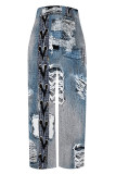 Casual Faux Denim Print Pocket Contrast Loose High Waist Wide Leg Full Print Bottoms