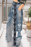Casual Faux Denim Print Pocket Contrast Loose High Waist Wide Leg Full Print Bottoms
