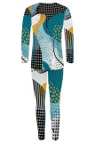 Casual Street Geometric Print Contrast O Neck Long Sleeve Two Pieces