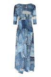 Casual Street Faux Denim Print Pocket Irregular Contrast O Neck Irregular Dresses