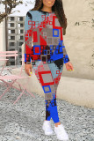 Casual Street Geometric Print Contrast O Neck Long Sleeve Two Pieces