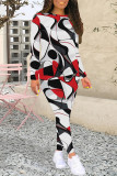 Casual Street Geometric Print Contrast O Neck Long Sleeve Two Pieces