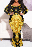 Elegant Print Patchwork O Neck Long Plus Size Dresses