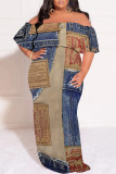 Sexy Faux Denim Print Ruffle Contrast Off Shoulder Printed Plus Size Dresses