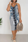Sexy Faux Denim Print Contrast V Neck Printed Dresses