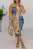 Sexy Faux Denim Print Contrast V Neck Printed Dresses