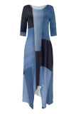 Casual Street Faux Denim Print Pocket Irregular Contrast O Neck Irregular Dresses