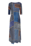 Casual Street Faux Denim Print Pocket Irregular Contrast O Neck Irregular Dresses