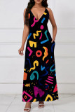 Casual Print Pocket Patchwork V Neck Long Dresses