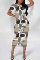 Daily Elegant Geometric Print Flowers Gradient Contrast O Neck Printed Short Sleeve Dress