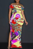 Casual Print Slit Off Shoulder Long Dresses