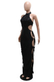 Sexy Hot Solid Color Hollow Out Sequins Backless Belted Halter Long Dresses