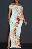 Casual Print Slit Off Shoulder Long Dresses