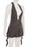 Sexy Solid Color Hollow Out Patchwork Backless Strap Design Halter Irregular Dresses