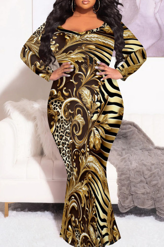 Elegant Print Patchwork O Neck Long Plus Size Dresses