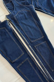 Street Solid Color Hollow Out Buttons Patchwork Zipper Mid Waist Regular Denim Jeans