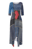Casual Street Faux Denim Print Pocket Irregular Contrast O Neck Irregular Dresses