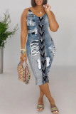 Sexy Faux Denim Print Contrast V Neck Printed Dresses