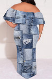 Sexy Faux Denim Print Ruffle Contrast Off Shoulder Printed Plus Size Dresses