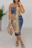 Sexy Faux Denim Print Contrast V Neck Printed Dresses