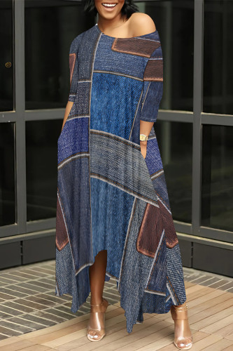 Casual Street Faux Denim Print Pocket Irregular Contrast O Neck Irregular Dresses