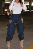 Street Solid Color Hollow Out Buttons Patchwork Zipper Mid Waist Regular Denim Jeans