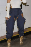 Street Solid Color Hollow Out Buttons Patchwork Zipper Mid Waist Regular Denim Jeans