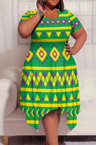 Casual Print Patchwork O Neck Irregular Plus Size Dresses