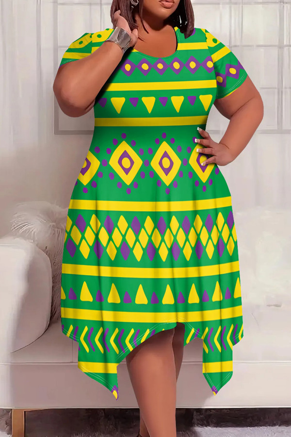 Casual Print Patchwork O Neck Irregular Plus Size Dresses