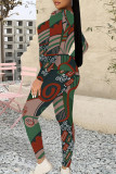 Casual Street Geometric Print Contrast O Neck Long Sleeve Two Pieces