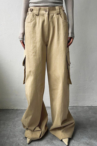 Casual Solid Color Pocket Buttons Patchwork Zipper Loose Low Waist Wide Leg Patchwork Bottoms