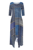 Casual Street Faux Denim Print Pocket Irregular Contrast O Neck Irregular Dresses