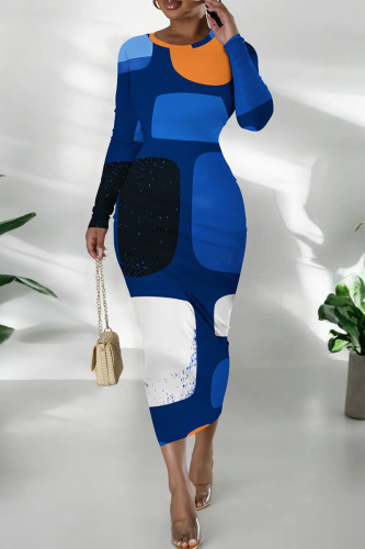 Daily Print Patchwork O Neck Wrapped Skirt Dresses