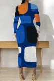 Daily Print Patchwork O Neck Wrapped Skirt Dresses
