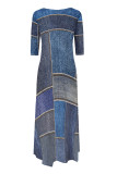 Casual Street Faux Denim Print Pocket Irregular Contrast O Neck Irregular Dresses