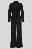 Casual Solid Color Pocket Patchwork Strap Design Turndown Collar Long Sleeve Two Pieces