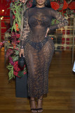 Sexy Leopard Print Patchwork O Neck Long Dresses
