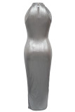 Elegant Solid Color Hollow Out Patchwork Ruched Strap Design O Neck Long Dresses