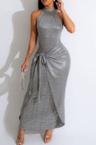 Elegant Solid Color Hollow Out Patchwork Ruched Strap Design O Neck Long Dresses