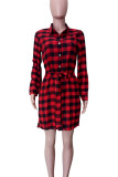 Casual Plaid Buckle Patchwork Strap Design Turndown Collar Long Dresses
