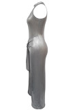 Elegant Solid Color Hollow Out Patchwork Ruched Strap Design O Neck Long Dresses